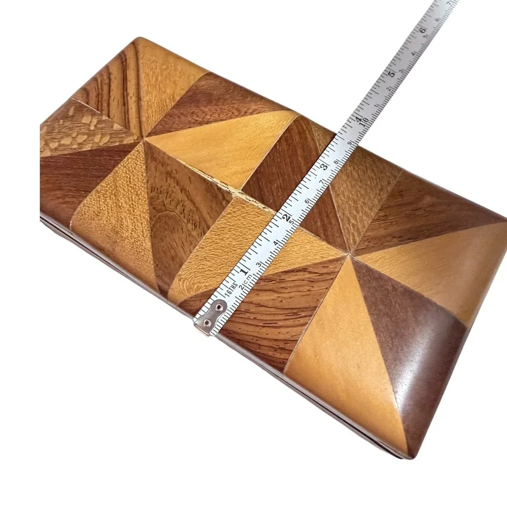 Boho Marquetry Wood Inlay Trinket Box Brown Geometric Parquetry Lined